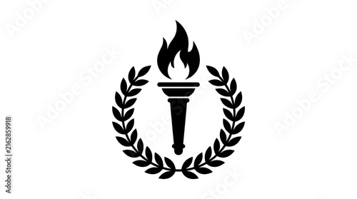 Torch encircled by laurel wreath black silhouette on white background