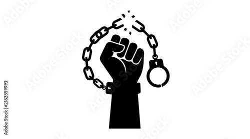 Black silhouette of a fist breaking chains and handcuffs on a white background