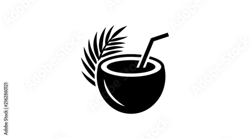 Coconut with straw and palm frond is a black silhouette graphic