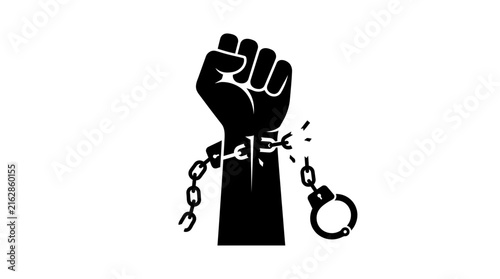 Broken handcuffs and raised fist silhouette against a white background