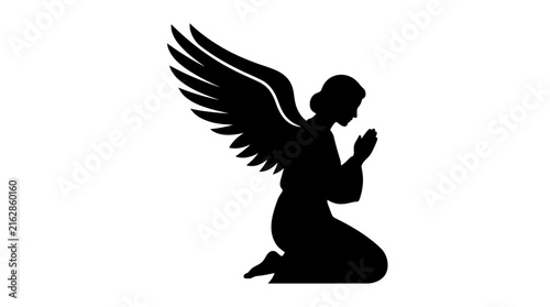 Kneeling angel silhouette against a white background depicts reverence and faith