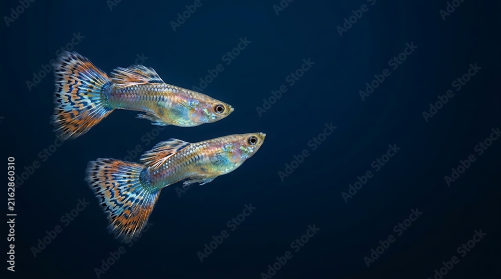 Fototapeta premium Vibrant male guppies swimming gracefully through clear water displaying intricate patterns and iridescent scales against a deep dark navy backdrop