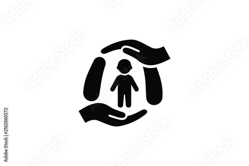 Black icon of child protection care and safety surrounded by hands.