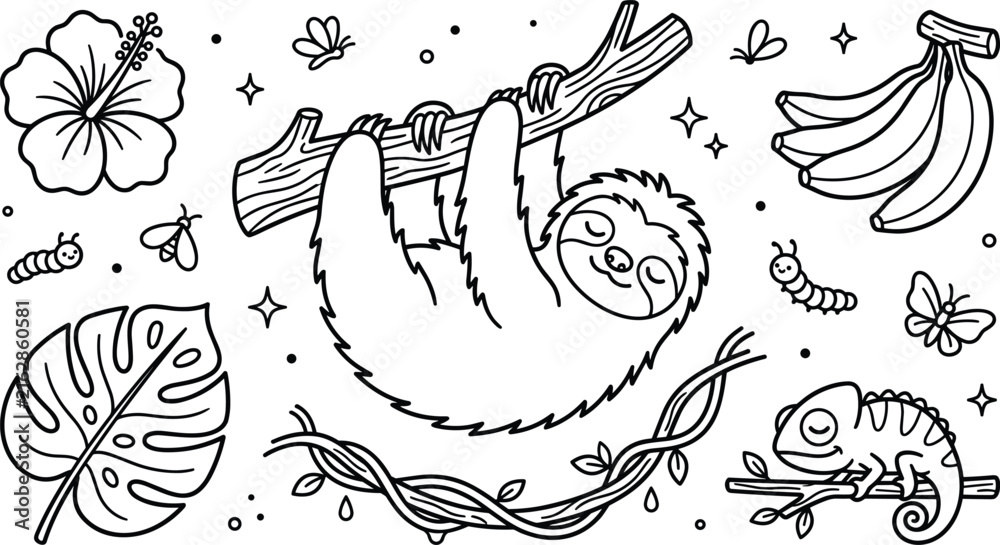 Naklejka premium Cute Sloth Hanging on Branch Vector Set with Chameleon Hibiscus Flower Bananas and Monstera Leaf for Coloring Book Pages
