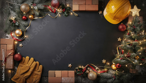holiday frame blending construction and New Year themes, with helmets, bricks, festive fir branches, ornaments, and warm lights around the edges, leaving a clean center for text 