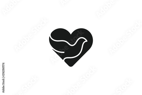 Minimalist Black Heart and Dove Silhouette Icon.