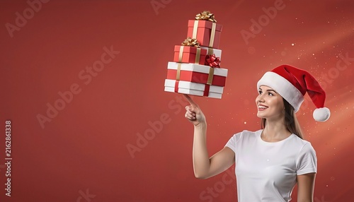 Happy woman in  white t shirt and Santa hat holding a stack Christmas gifts against a warm red background. Cheerful holiday shopping concept with clean composition and copy space