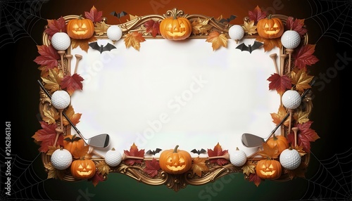 frame for text Halloween and golf-themed decorative frame featuring white copy space in the center, bordered by d jack-o'-lanterns, autumn maple leaves, bats, golf balls on tees, and golf club heads