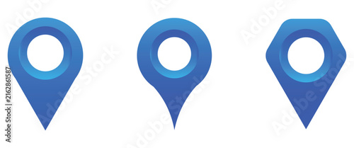 Set of glossy blue gradient vector icons. Map pin, marker location realistic icons