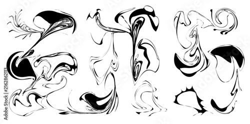 Abstract liquid marble texture set, fluid swirl and wave in monochrome ink for psychedelic poster, cover and modern print design.