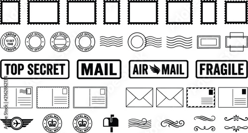 Bild auf Leinwand Collection of postal service symbols and mail icons on a clean white background