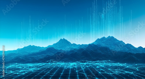 Abstract Digital Landscape Featuring a Glowing Data Network and Mountainous Terrain representing Future Technological Connectivity and Information Systems