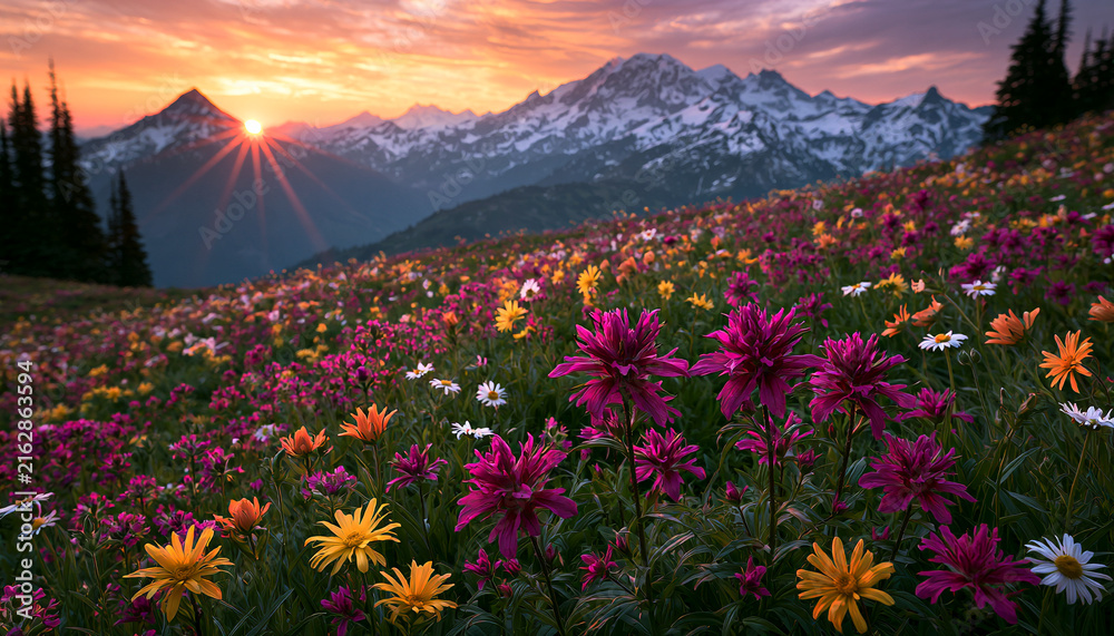 Obraz premium Sunset and Sunrise Over Majestic Alpine Mountains with Green Meadows, Wildflowers, Forests, Clouds and Snow-Capped Peaks in a Scenic Panoramic Landscape