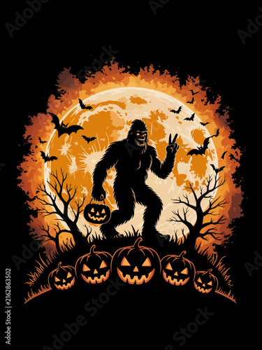 Halloween Bigfoot Sasquatch pumpkin bucket full moon bats silhouette art