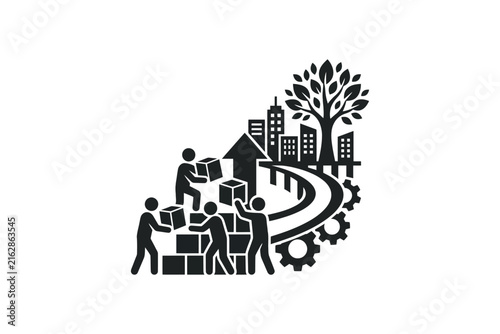 Teamwork and urban development graphic icon depicting people building path to city with tree and gears.