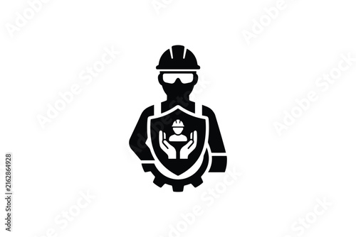 Worker safety protection icon with shield and hands.