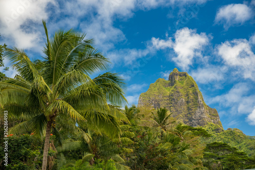 Obraz na płótnie Beautiful landscape photographs of the Pacific island of Moorea in French Polynesia, with lush green vegetation, blue skies and stunning volcanic rock formations