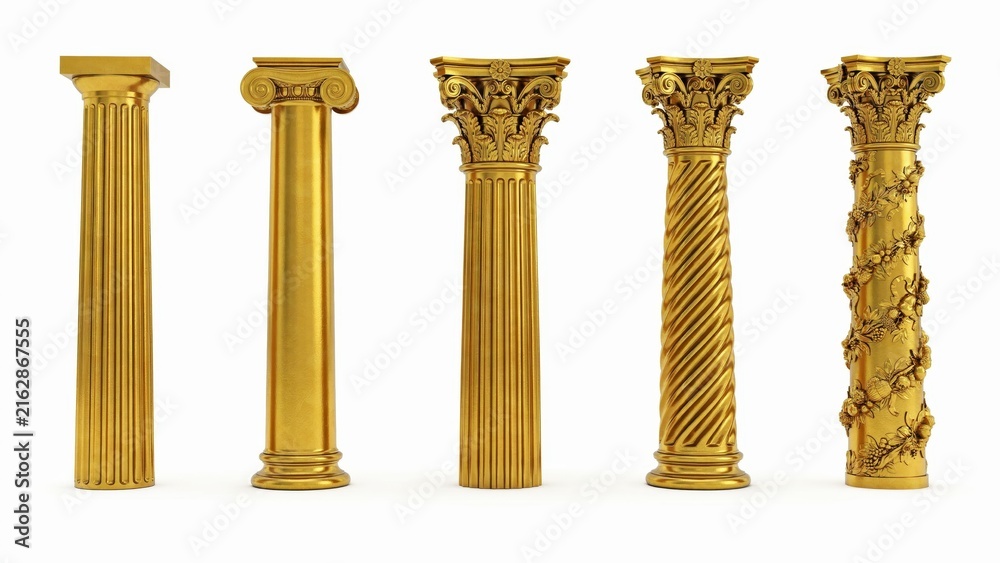 Obraz premium Golden classical columns set, five ancient greek gold pillars, luxury architectural elements for interior design and museum decor