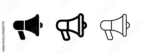 Foto Megaphone or loudspeaker icons in solid, bold outline, and thin outline versions