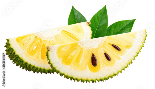 Sliced jackfruit halves with seeds, rind, and green leaves isolated on transparent background