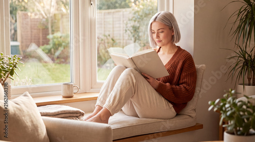 Young woman relaxing and reading a book on a cozy window seat, finding peace and enjoyment in her quiet hobby