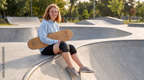 Young woman with skateboard and knee pads resting in concrete skate park, enjoying outdoor sport and lifestyle