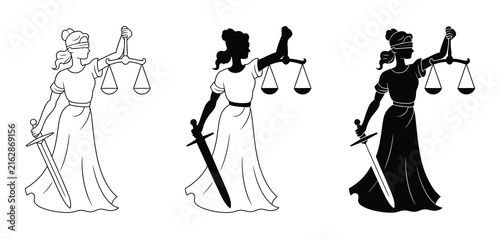 Lady Justice Icons featuring scales of justice, blindfolded woman with sword, legal authority, law, fairness, and courtroom symbolism