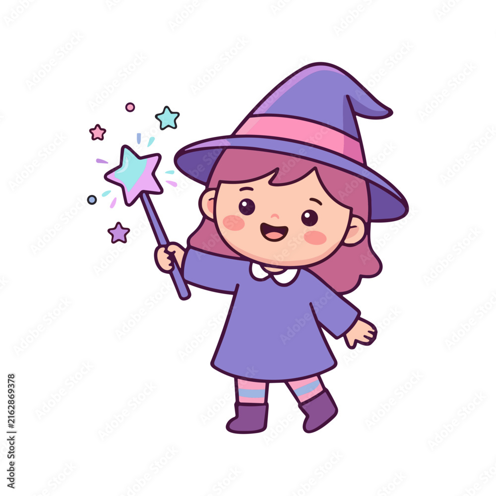 Naklejka premium Adorable little girl witch in purple dress and hat holding magic wand with sparkling stars