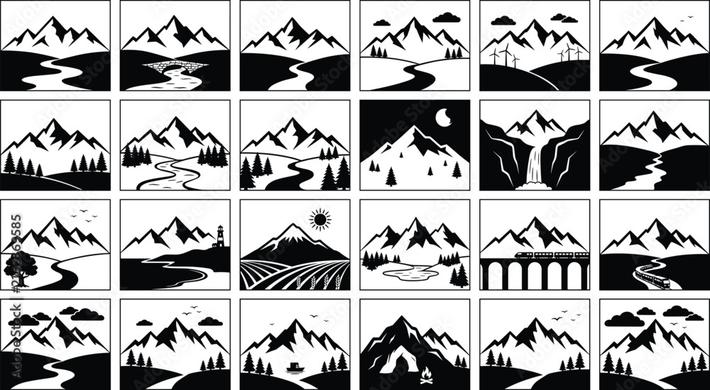 Fototapeta premium Collection of mountain silhouette icons showing diverse outdoor scenery for travel and adventure branding vector illustration
