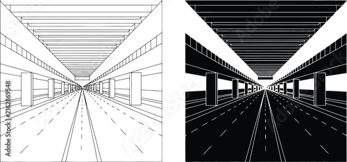 Canvastavla Simple linear and filled graphic collection featuring an urban underground road underpass with pillars and lane markings