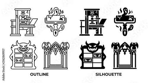 Foto Spooky Icons Set: A collection of stylized icons featuring haunted house elements, including a creepy desk with a ghost, a spooky cabinet with devilish eyes, and gothic architectural designs
