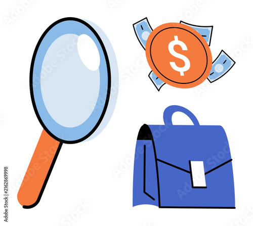 Magnifying glass money coin and briefcase vector illustration. Financial analysis, investment research, business growth, market strategy, wealth management, corporate planning. Search tool currency