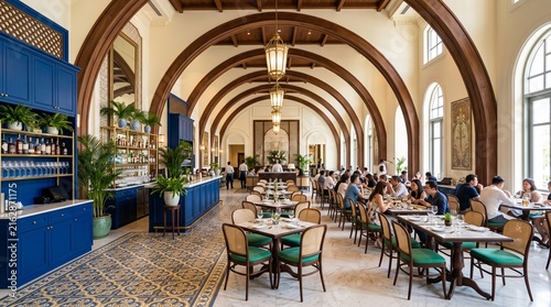 People enjoy a dining experience inside a restaurant featuring historic wooden arches high ceilings and traditional tiled flooring with a vibrant blue beverage service area for guests and