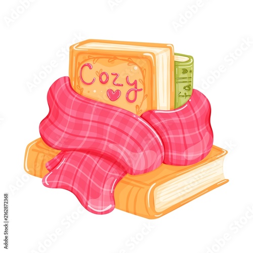 Obraz na plátně Cozy Autumn Bookish Clipart with Books Wrapped in Plaid Scarf