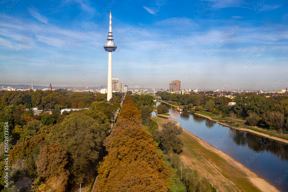 Obraz premium Panorama von Mannheim mit Fernmeldeturm und Neckar