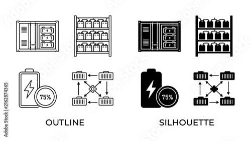 Computer Server Racks and Battery Power Icons: A collection of vector graphics featuring outlines and silhouettes of computer server racks and battery power icons.