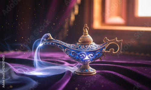 A detailed, close-up view of a blue and gold genie lamp, with shimmering smoke rising from its spout, sits on a deep purple velvet cloth.  Warm light from a window illuminates the scene