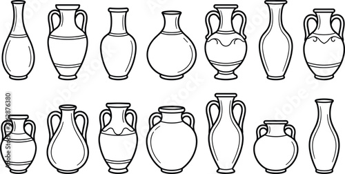 Antique greek ceramic vases and amphora line art vector icons set.
