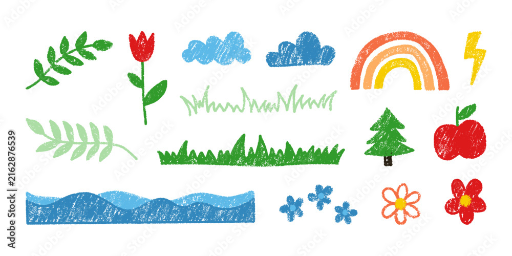 Fototapeta premium Hand drawn colorful chalk crayon nature elements set. Cute wax pencil illustration of rainbow, sun, clouds, tree, flowers, leaves, grass, and apple isolated on white background for kids design.