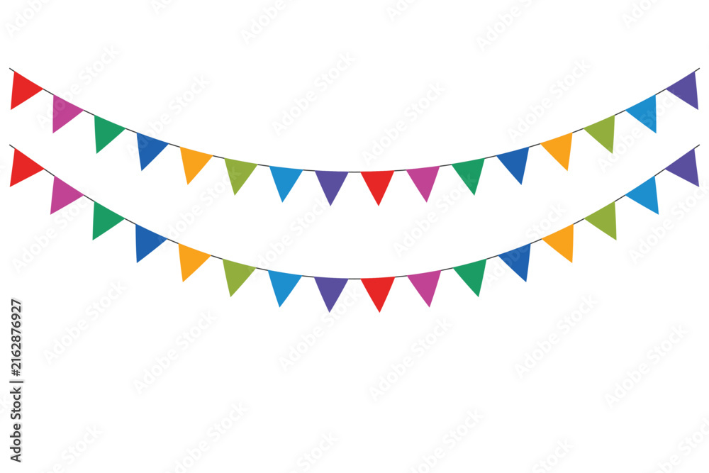 Obraz premium Colorful triangular pennant flags hanging on two parallel strings isolated against a clean white background for festive celebration decoration