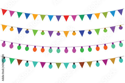 Colorful festive bunting flags and hanging string lights for holiday party celebration decorations isolated on white background with celebrations event decoration