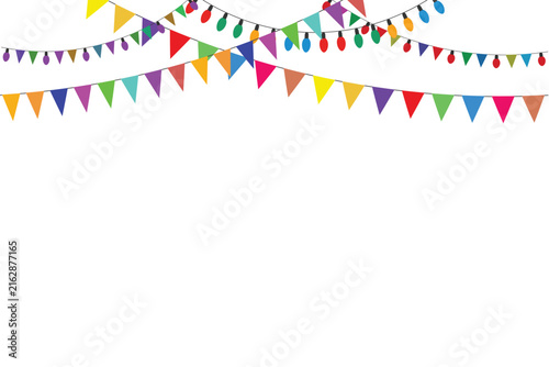 Colorful triangle bunting flags and festive string lights hanging on white background for celebration and holiday party decorating concept with vibrant triangular bunting