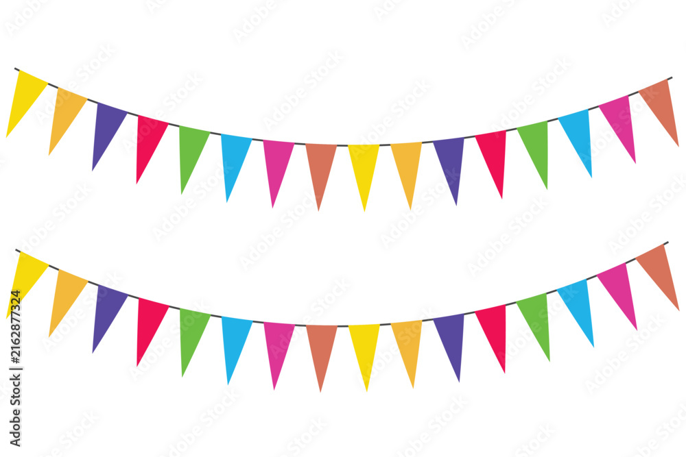 Obraz premium Colorful triangle bunting pennants hanging festive decorations for birthday party celebration and carnival event graphic element isolated on white background