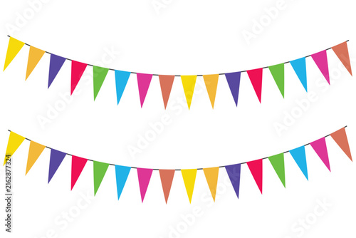 Colorful triangle bunting pennants hanging festive decorations for birthday party celebration and carnival event graphic element isolated on white background