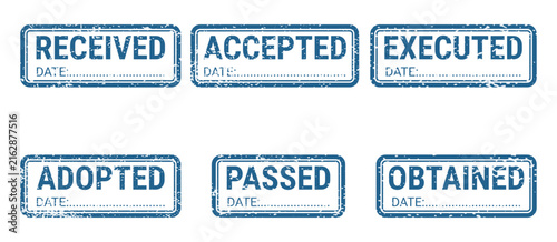 Grunge blue rubber stamp impressions featuring received accepted executed adopted passed obtained text labels with document processing administrative