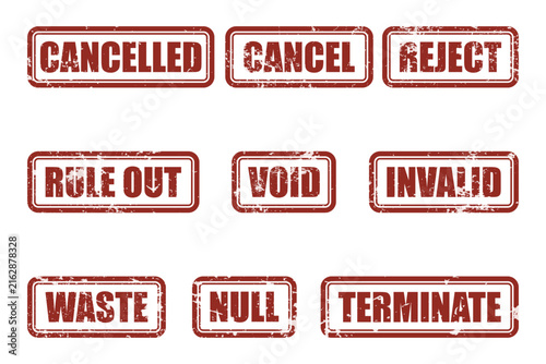Distressed grunge rubber stamp markings featuring cancelled void and invalid text in rectangular frames with rejection cancellation terminology