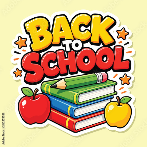Canvastavla Colorful Back to School Sticker Typography with Stack of Books, Pencil, and Appl