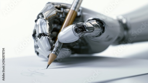 Close-up of a bionic hand writing with a pencil on paper, artificial intelligence concept,  white background
