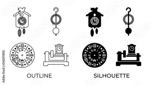 Clock Icon Set: A collection of outline and silhouette icons representing cuckoo clocks, pendulum clocks, and clock faces with Roman numerals, showcasing classic timekeeping mechanisms.