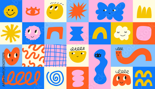 Abstract geometric character face shapes seamless pattern. Hand drawn trendy. Vector illustrations
